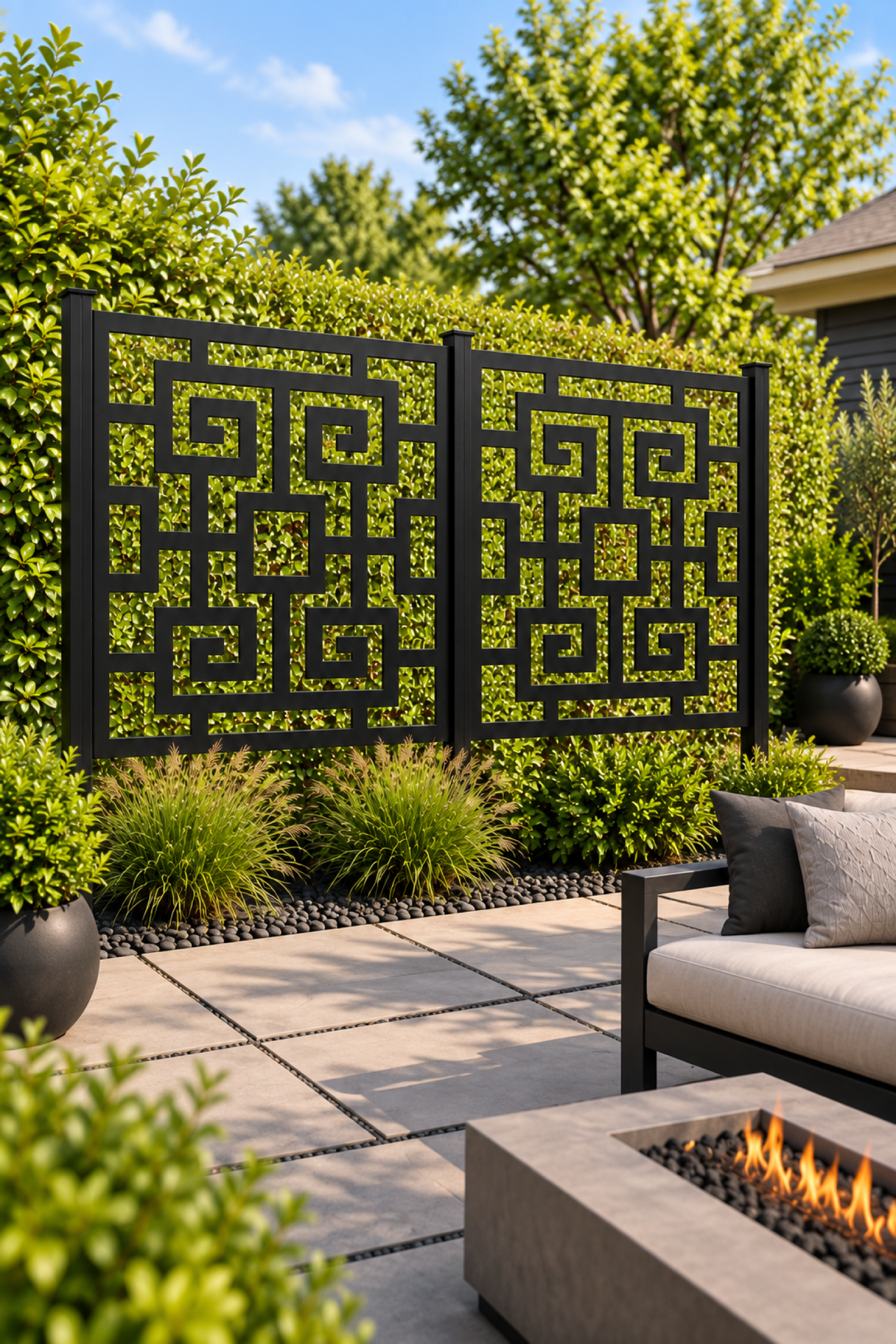 Design 266 Double Greek Key Laser Cut Metal Privacy Screen Panel oblique angle view
