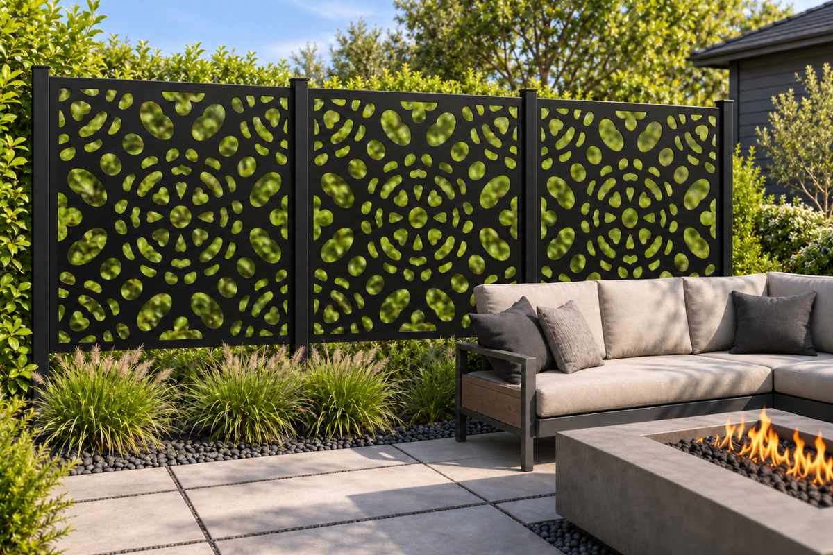 Design 267 Pebble Sunburst Laser Cut Metal Privacy Screen Panel installed garden daylight view