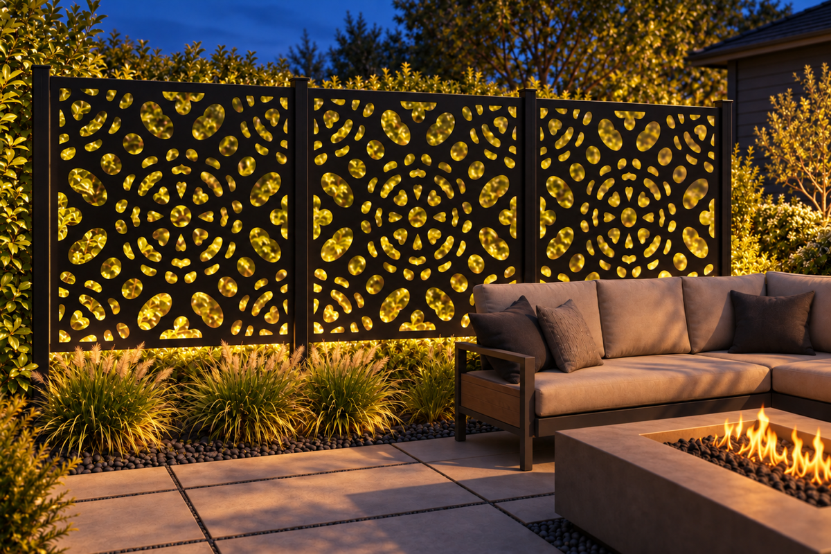 Design 267 Pebble Sunburst Laser Cut Metal Privacy Screen Panel installed garden night lighting view