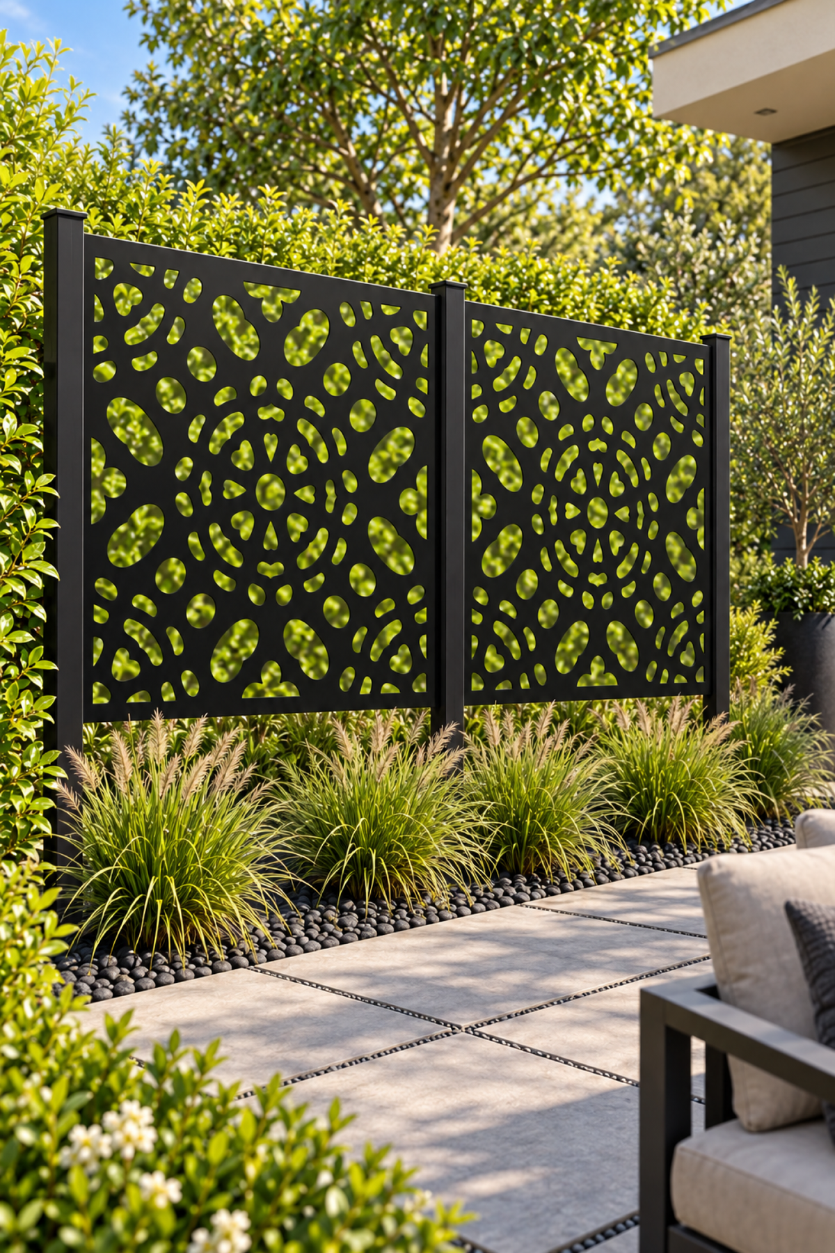 Design 267 Pebble Sunburst Laser Cut Metal Privacy Screen Panel oblique angle view