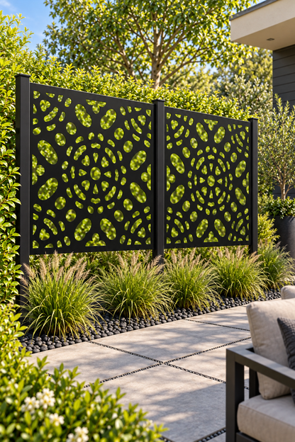 Design 267 Pebble Sunburst Laser Cut Metal Privacy Screen Panel oblique angle view