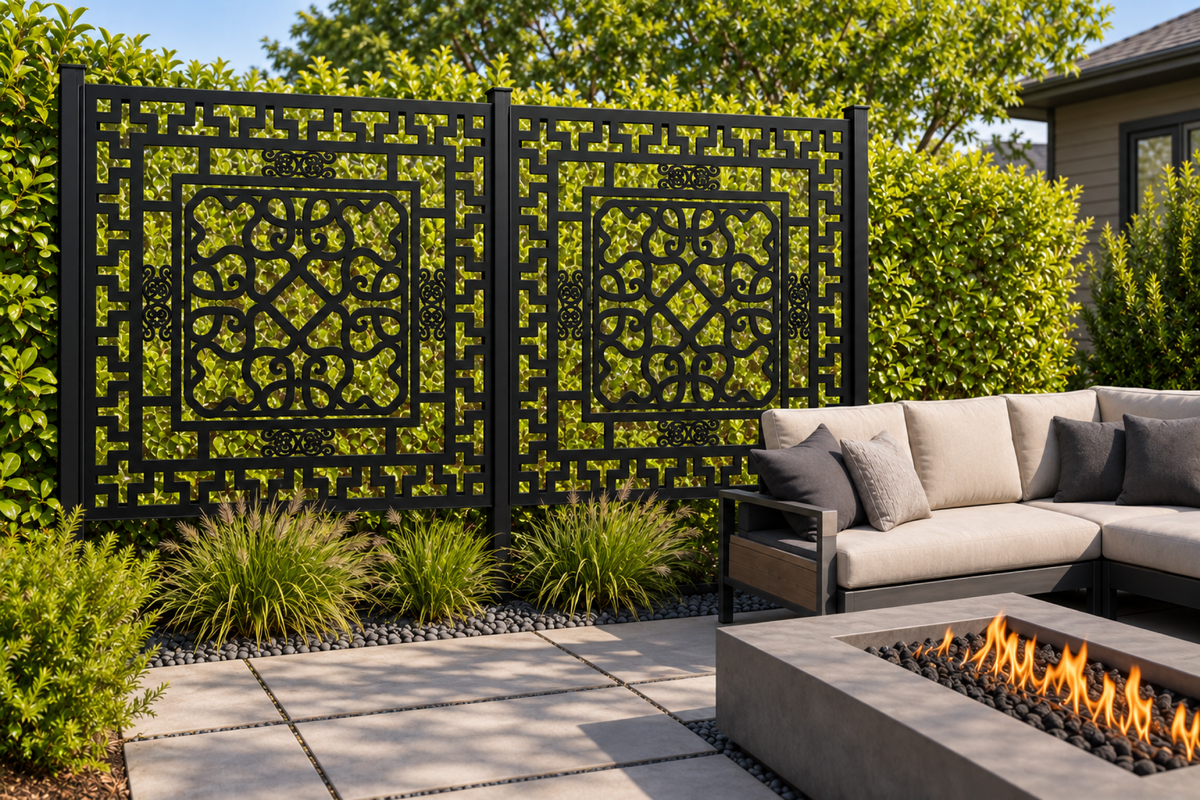 Design 268 Layered Greek Scroll Frame Laser Cut Metal Privacy Screen Panel installed garden daylight view