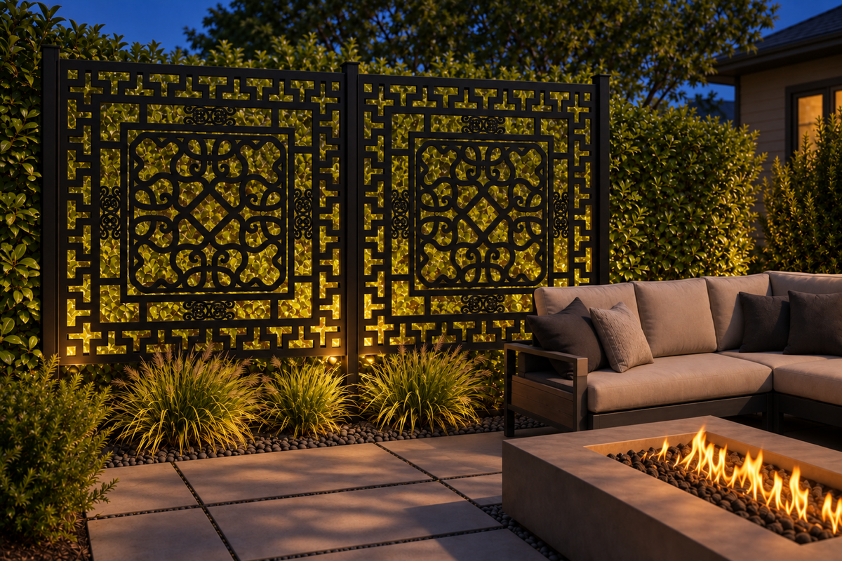 Design 268 Layered Greek Scroll Frame Laser Cut Metal Privacy Screen Panel installed garden night lighting view