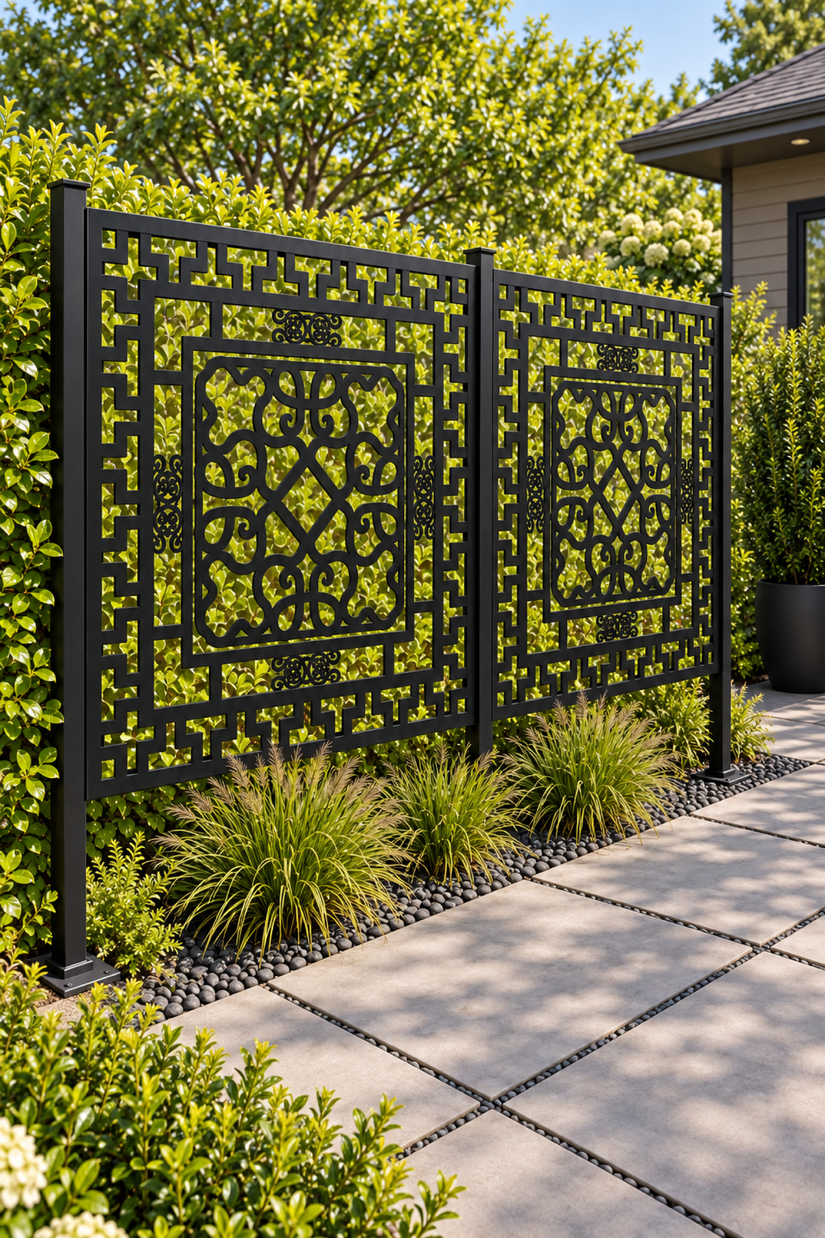Design 268 Layered Greek Scroll Frame Laser Cut Metal Privacy Screen Panel oblique angle view