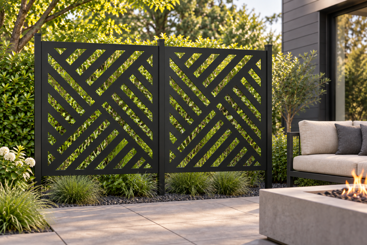 Design 269 Diagonal Stripe Blocks Laser Cut Metal Privacy Screen Panel installed garden daylight view