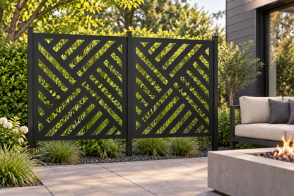 Design 269 Diagonal Stripe Blocks Laser Cut Metal Privacy Screen Panel installed garden daylight view