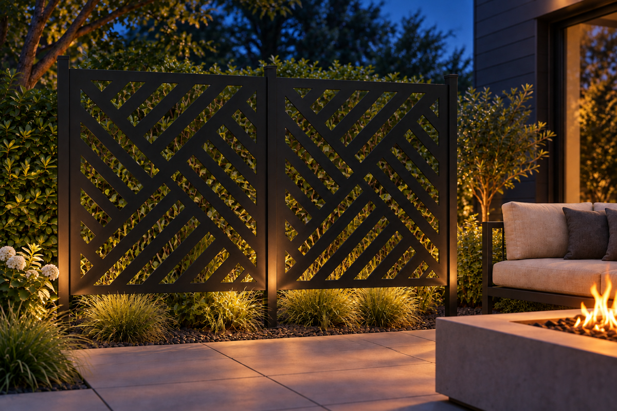 Design 269 Diagonal Stripe Blocks Laser Cut Metal Privacy Screen Panel installed garden night lighting view
