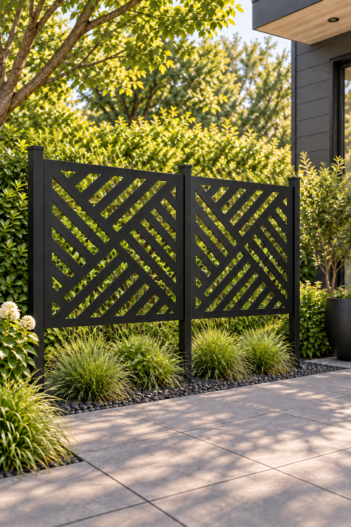 Design 269 Diagonal Stripe Blocks Laser Cut Metal Privacy Screen Panel oblique angle view
