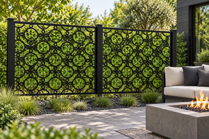 Design 270 Circle Diamond Trellis Laser Cut Metal Privacy Screen Panel installed garden daylight view