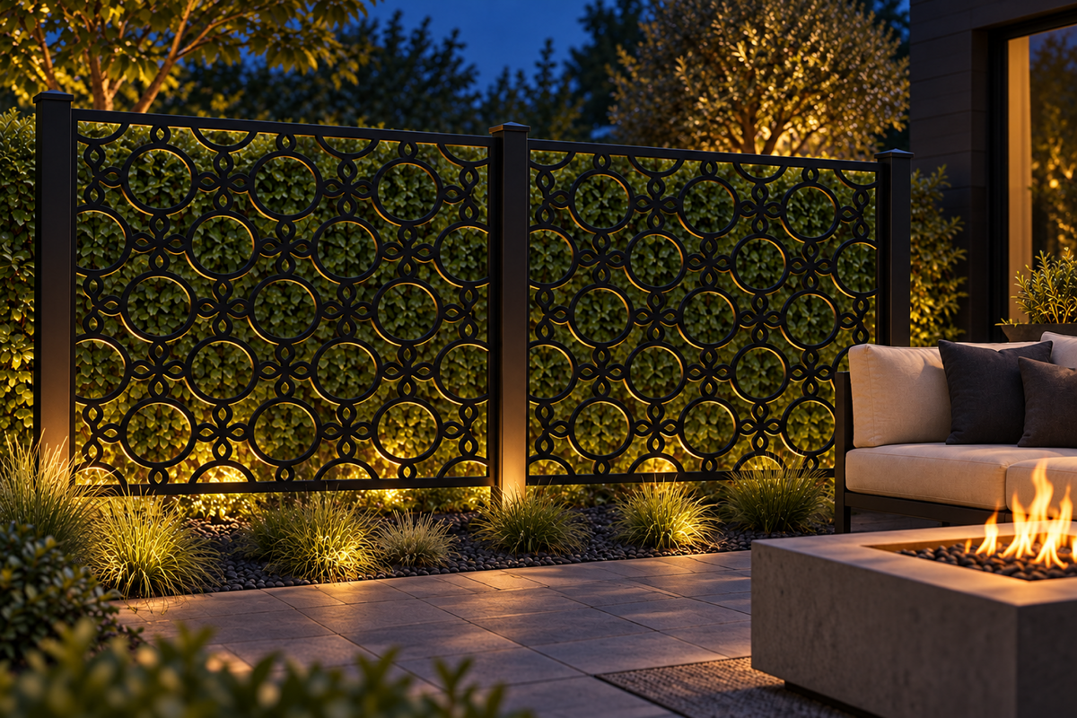 Design 270 Circle Diamond Trellis Laser Cut Metal Privacy Screen Panel installed garden night lighting view