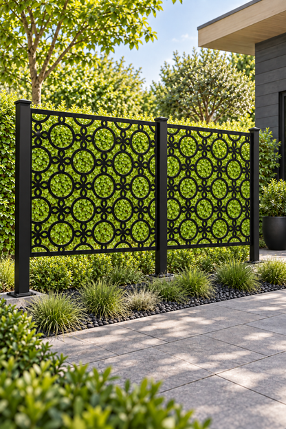 Design 270 Circle Diamond Trellis Laser Cut Metal Privacy Screen Panel oblique angle view