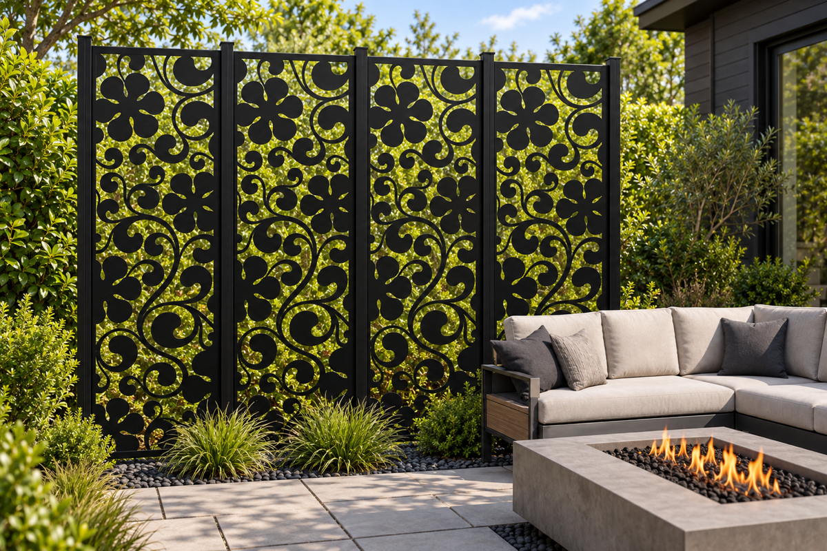 Design 271 Floral Scroll Column Laser Cut Metal Privacy Screen Panel installed garden daylight view