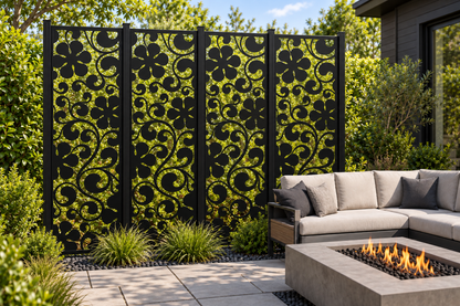 Design 271 Floral Scroll Column Laser Cut Metal Privacy Screen Panel installed garden daylight view
