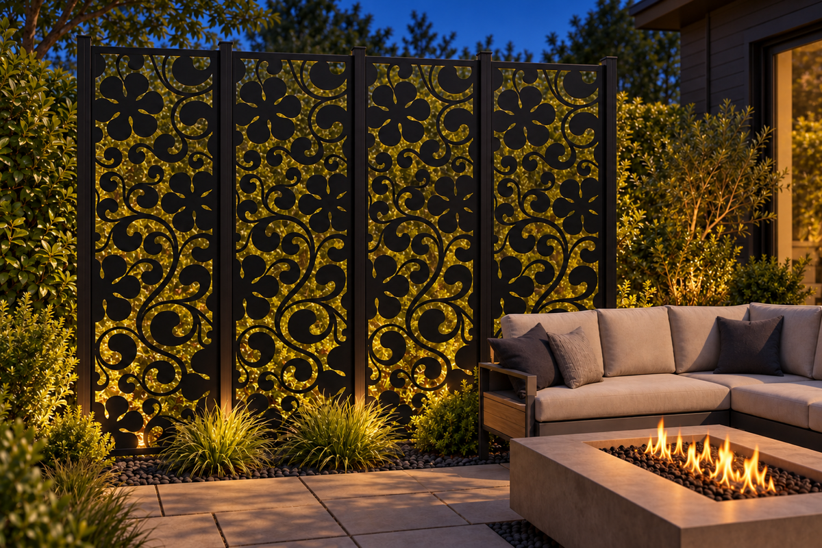 Design 271 Floral Scroll Column Laser Cut Metal Privacy Screen Panel installed garden night lighting view