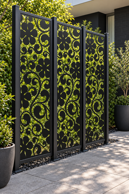 Design 271 Floral Scroll Column Laser Cut Metal Privacy Screen Panel oblique angle view