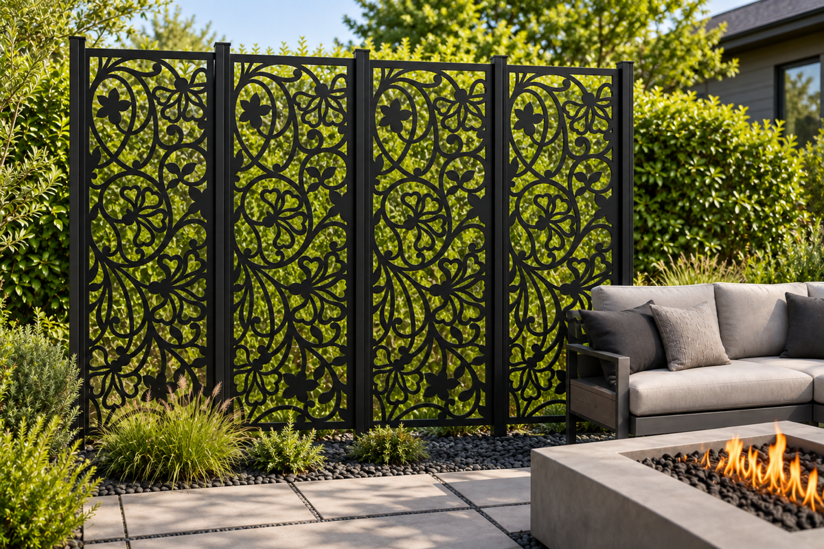 Design 272 Lily Scroll Column Laser Cut Metal Privacy Screen Panel installed garden daylight view