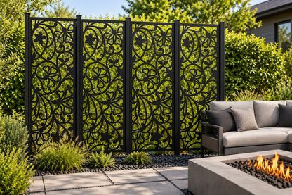 Design 272 Lily Scroll Column Laser Cut Metal Privacy Screen Panel installed garden daylight view