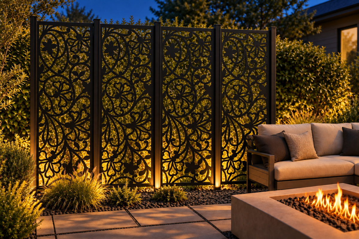 Design 272 Lily Scroll Column Laser Cut Metal Privacy Screen Panel installed garden night lighting view