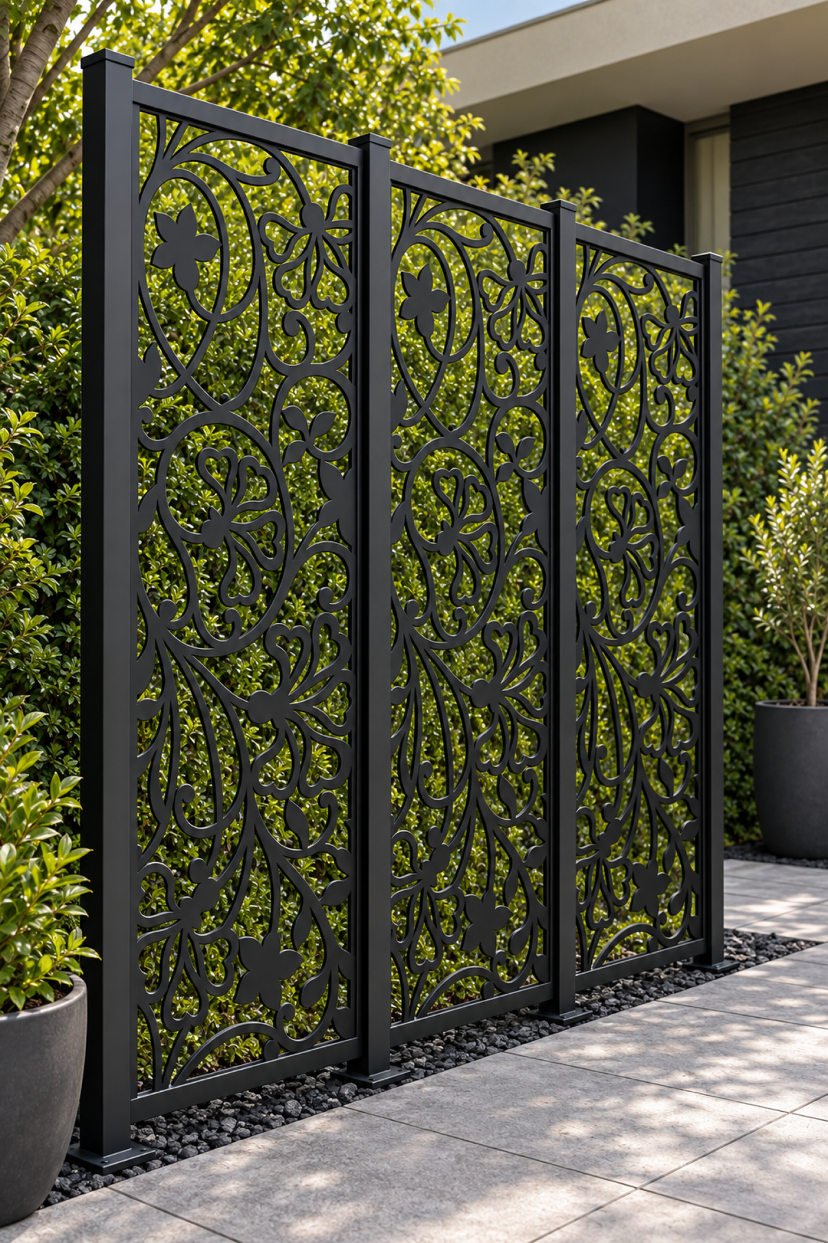 Design 272 Lily Scroll Column Laser Cut Metal Privacy Screen Panel oblique angle view