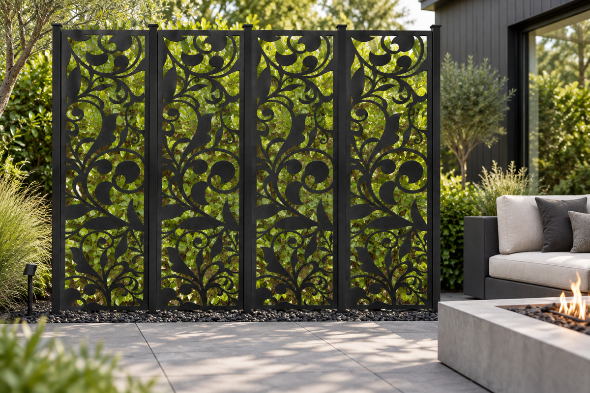 Design 273 Acanthus Bud Column Laser Cut Metal Privacy Screen Panel installed garden daylight view
