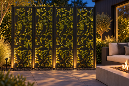 Design 273 Acanthus Bud Column Laser Cut Metal Privacy Screen Panel installed garden night lighting view