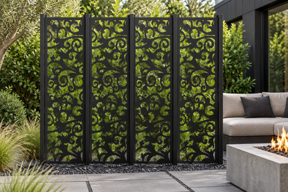 Design 274 Dense Maple Scroll Laser Cut Metal Privacy Screen Panel installed garden daylight view