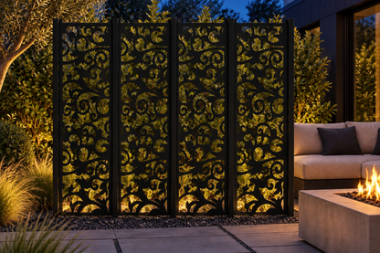 Design 274 Dense Maple Scroll Laser Cut Metal Privacy Screen Panel installed garden night lighting view