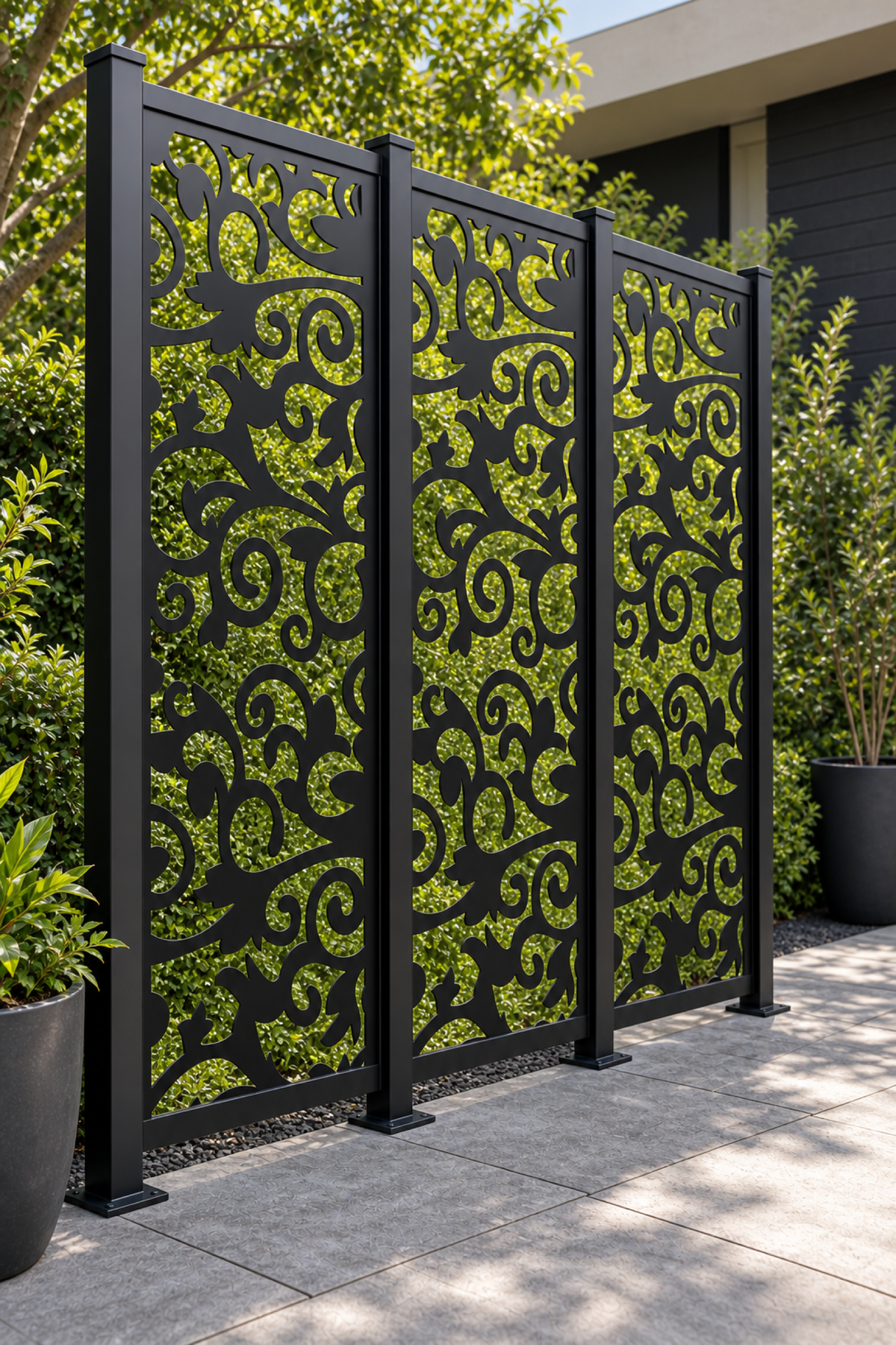 Design 274 Dense Maple Scroll Laser Cut Metal Privacy Screen Panel oblique angle view