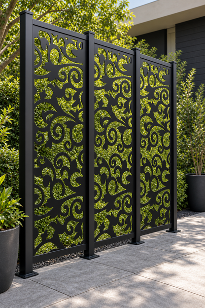 Design 274 Dense Maple Scroll Laser Cut Metal Privacy Screen Panel oblique angle view