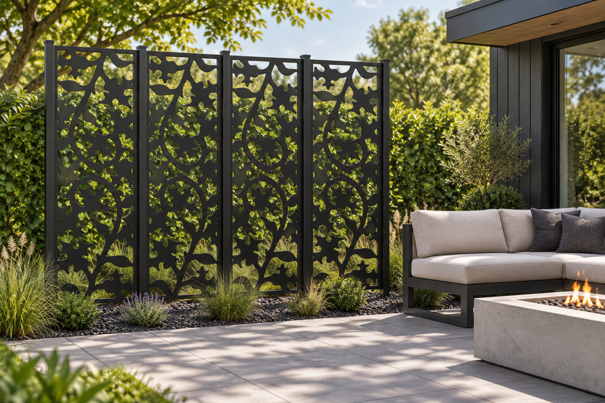 Design 275 Maple Vine Silhouette Laser Cut Metal Privacy Screen Panel installed garden daylight view