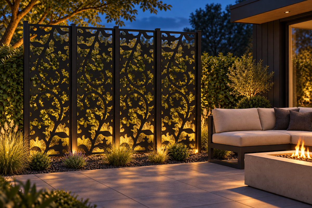 Design 275 Maple Vine Silhouette Laser Cut Metal Privacy Screen Panel installed garden night lighting view