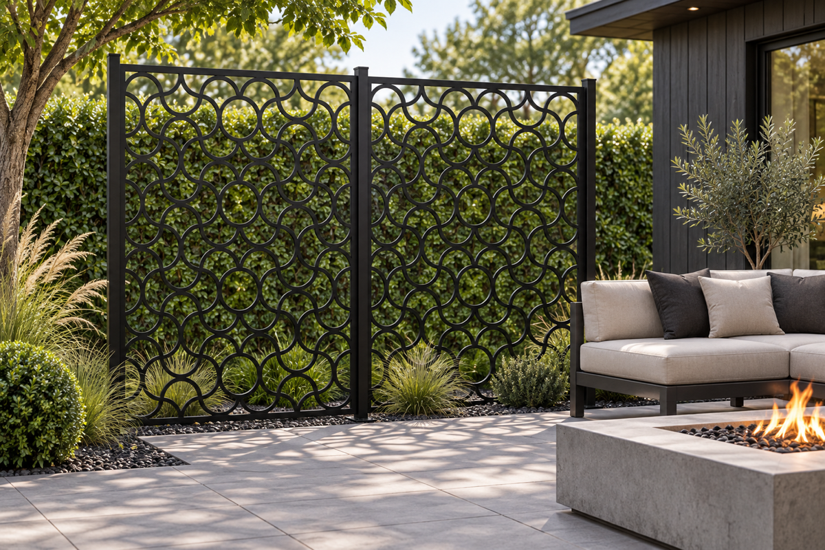 Design 276 Soft Loop Chain Laser Cut Metal Privacy Screen Panel installed garden daylight view
