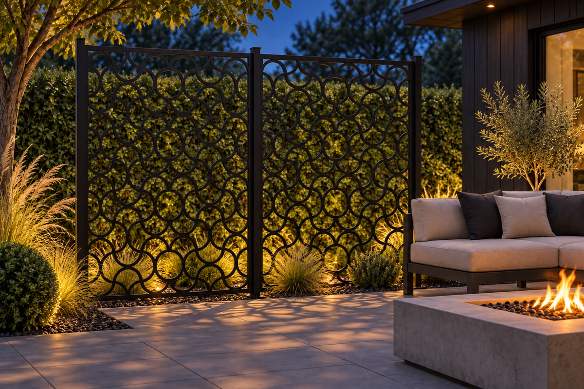 Design 276 Soft Loop Chain Laser Cut Metal Privacy Screen Panel installed garden night lighting view