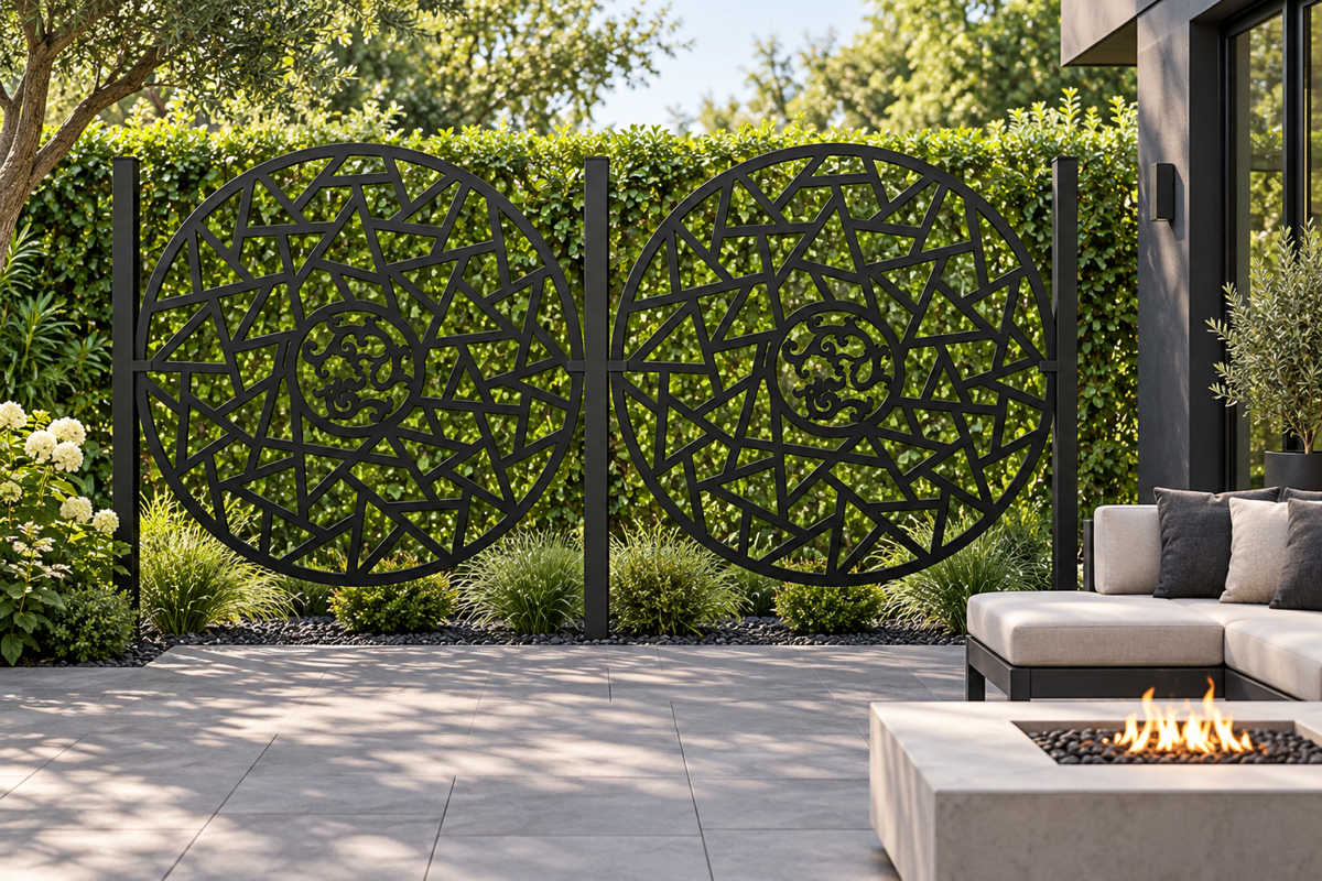 Design 277 Shattered Sun Medallion Laser Cut Metal Privacy Screen Panel installed garden daylight view