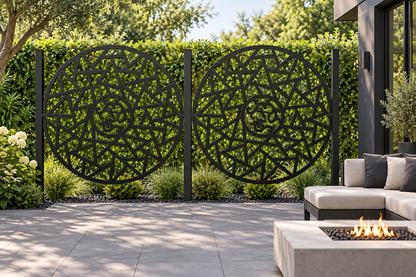 Design 277 Shattered Sun Medallion Laser Cut Metal Privacy Screen Panel installed garden daylight view