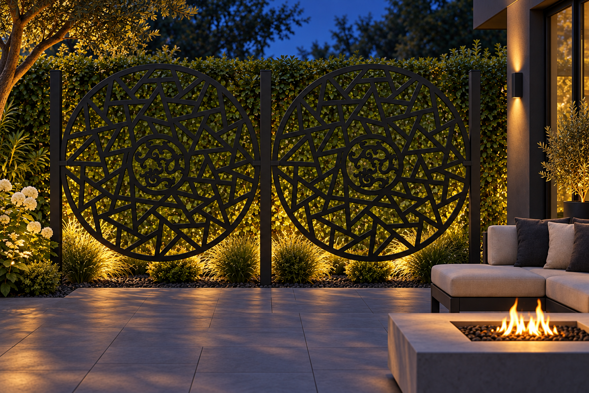 Design 277 Shattered Sun Medallion Laser Cut Metal Privacy Screen Panel installed garden night lighting view