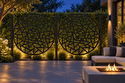 Design 277 Shattered Sun Medallion Laser Cut Metal Privacy Screen Panel installed garden night lighting view