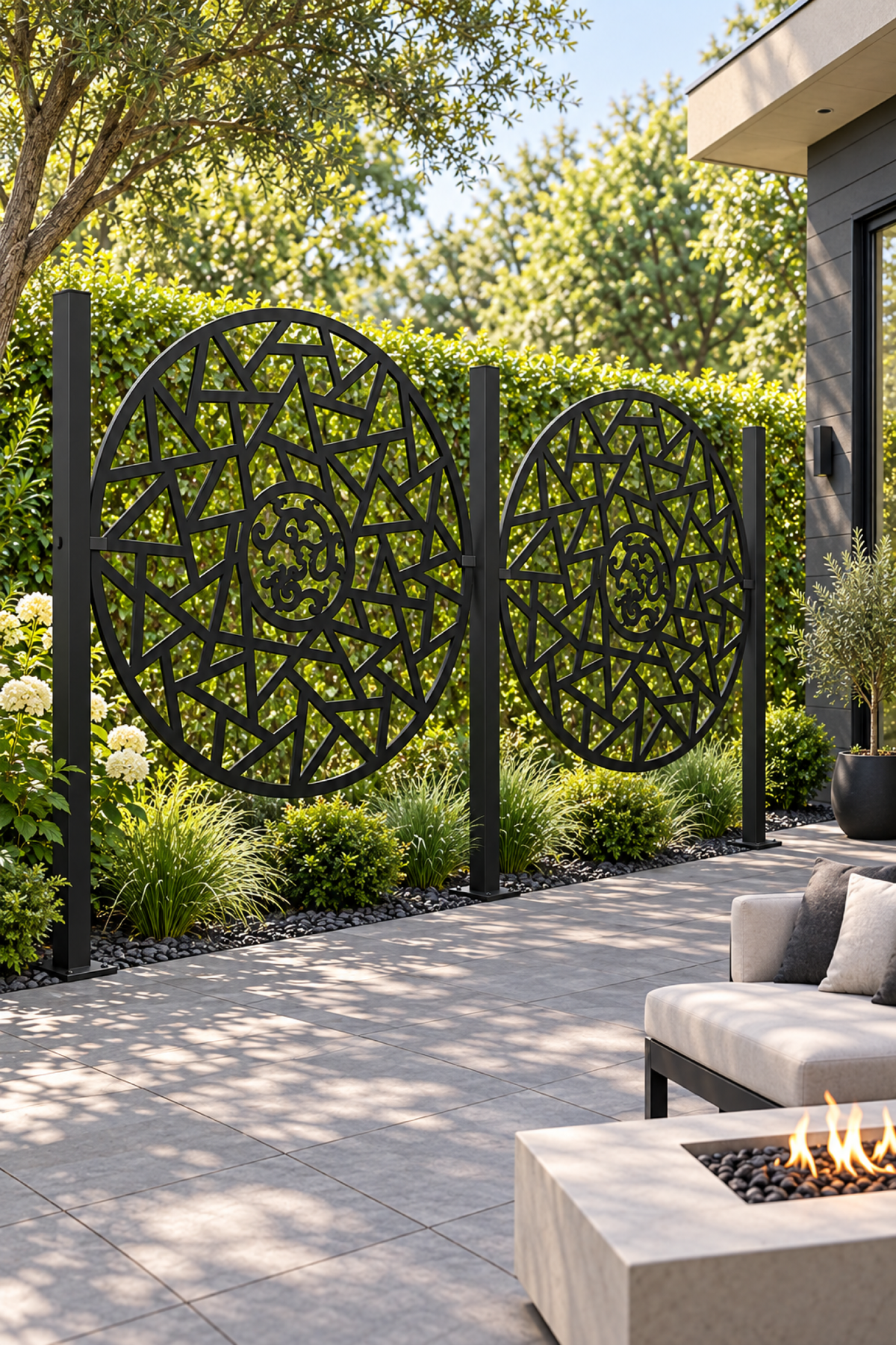 Design 277 Shattered Sun Medallion Laser Cut Metal Privacy Screen Panel oblique angle view
