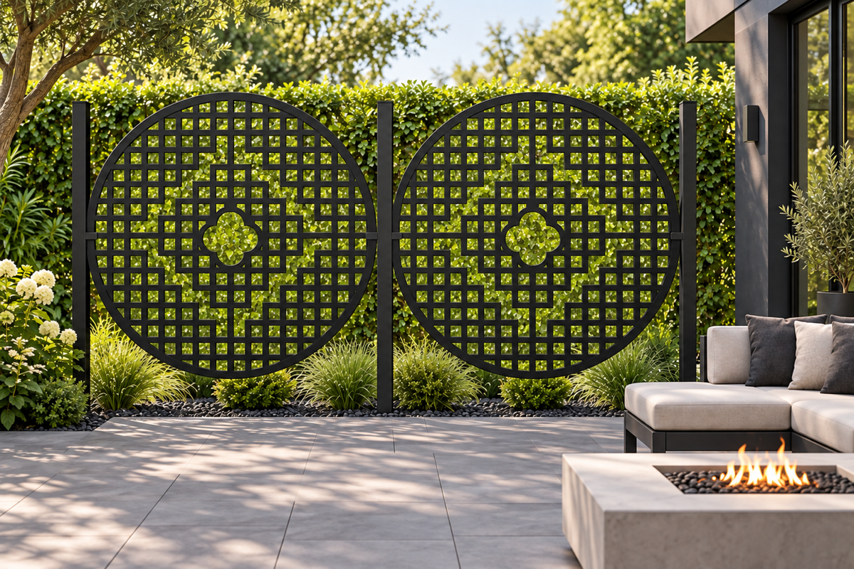 Design 278 Diamond Quatrefoil Medallion Laser Cut Metal Privacy Screen Panel installed garden daylight view