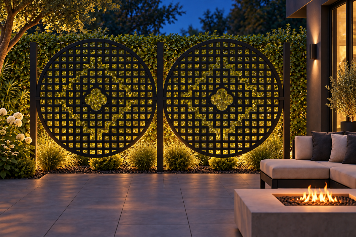 Design 278 Diamond Quatrefoil Medallion Laser Cut Metal Privacy Screen Panel installed garden night lighting view