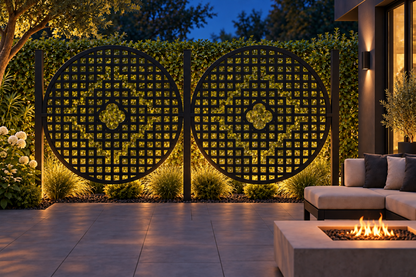 Design 278 Diamond Quatrefoil Medallion Laser Cut Metal Privacy Screen Panel installed garden night lighting view