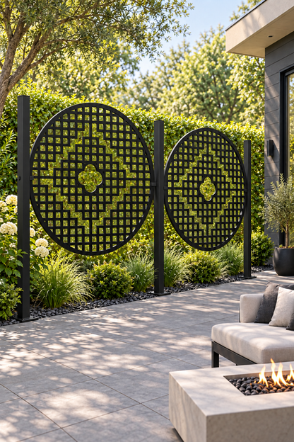 Design 278 Diamond Quatrefoil Medallion Laser Cut Metal Privacy Screen Panel oblique angle view