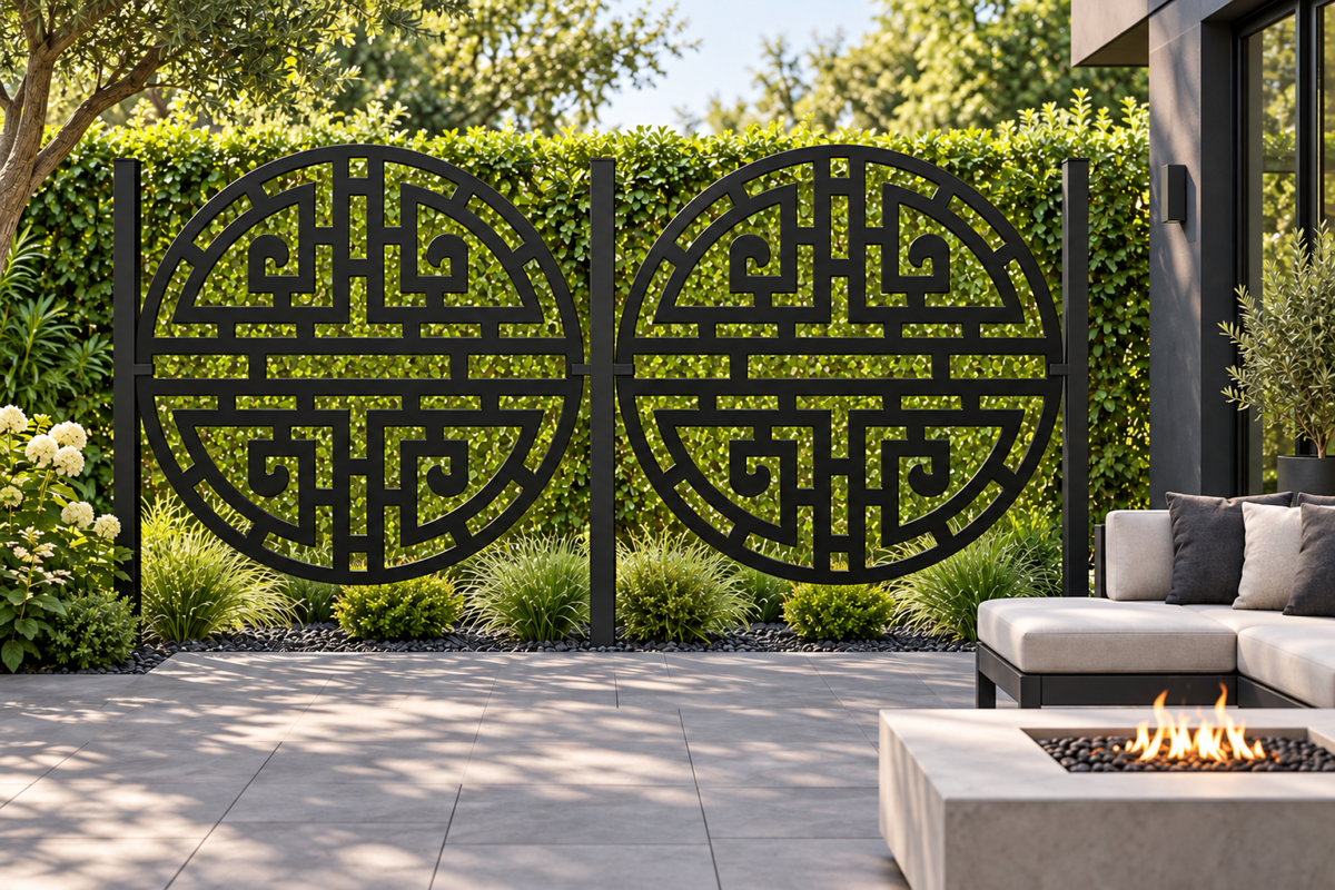 Design 279 Circular Longevity Maze Laser Cut Metal Privacy Screen Panel installed garden daylight view