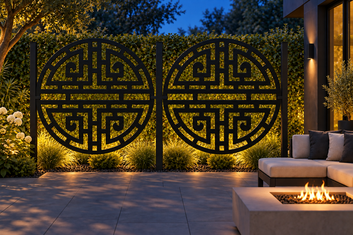 Design 279 Circular Longevity Maze Laser Cut Metal Privacy Screen Panel installed garden night lighting view