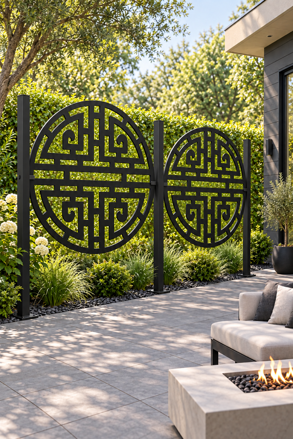 Design 279 Circular Longevity Maze Laser Cut Metal Privacy Screen Panel oblique angle view