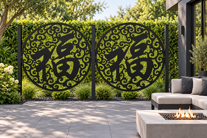 Design 280 Fortune Crane Medallion Laser Cut Metal Privacy Screen Panel installed garden daylight view