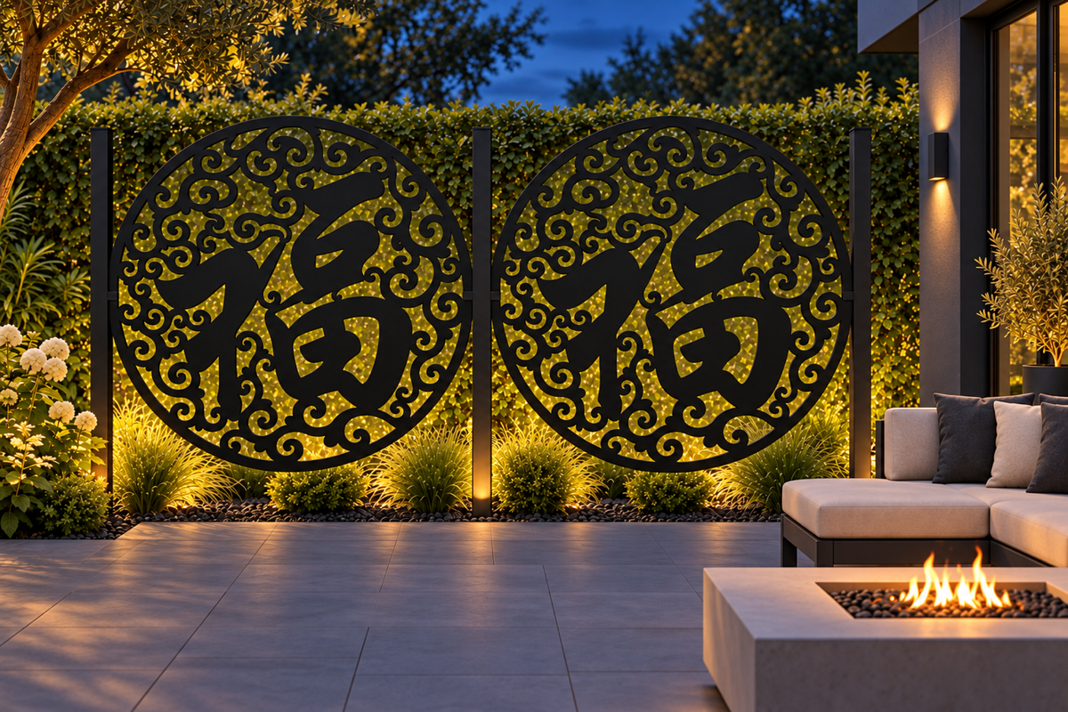 Design 280 Fortune Crane Medallion Laser Cut Metal Privacy Screen Panel installed garden night lighting view