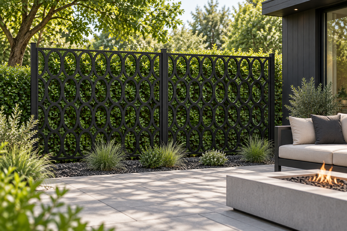 Design 281 Oval Chain Grid Laser Cut Metal Privacy Screen Panel installed garden daylight view
