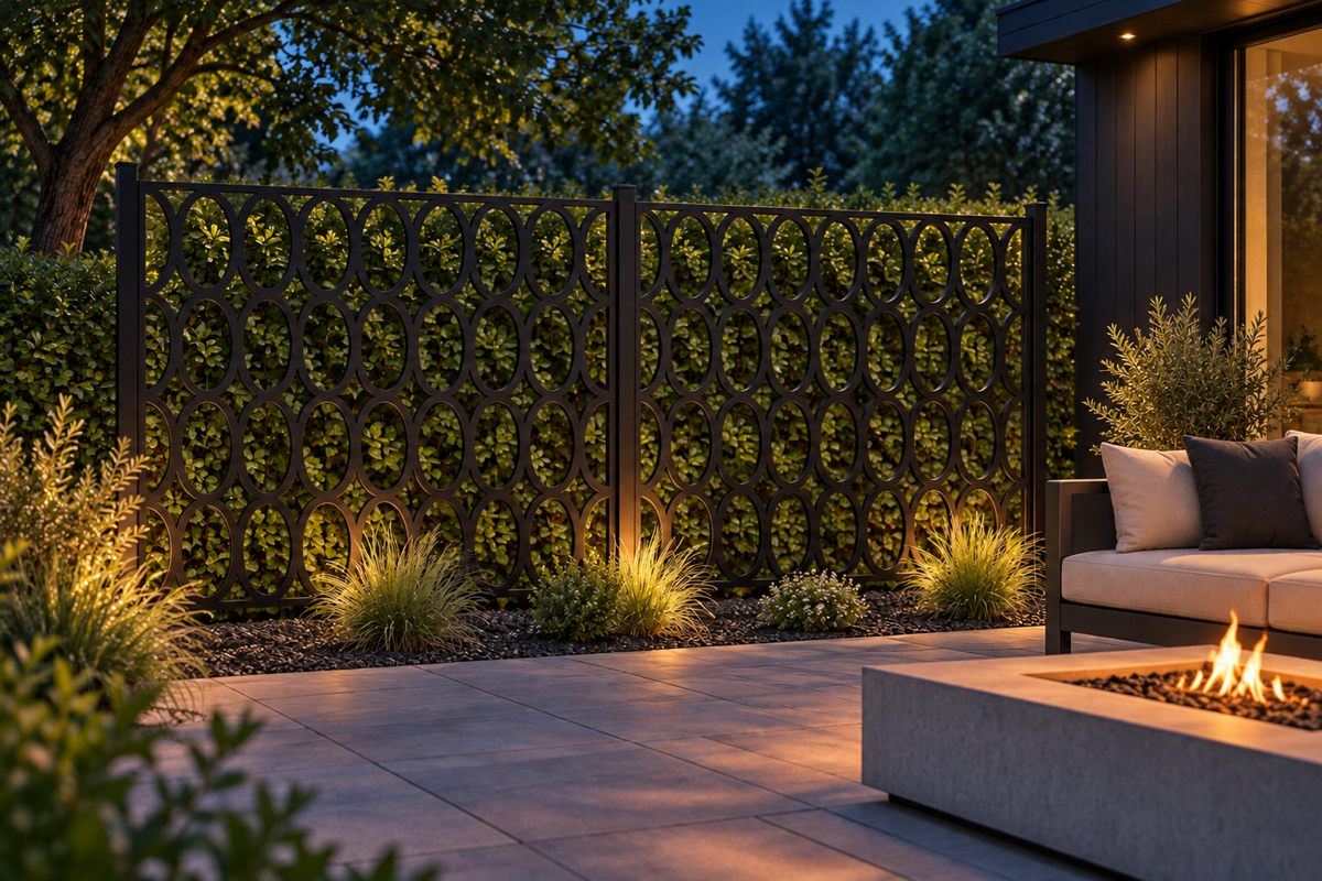 Design 281 Oval Chain Grid Laser Cut Metal Privacy Screen Panel installed garden night lighting view