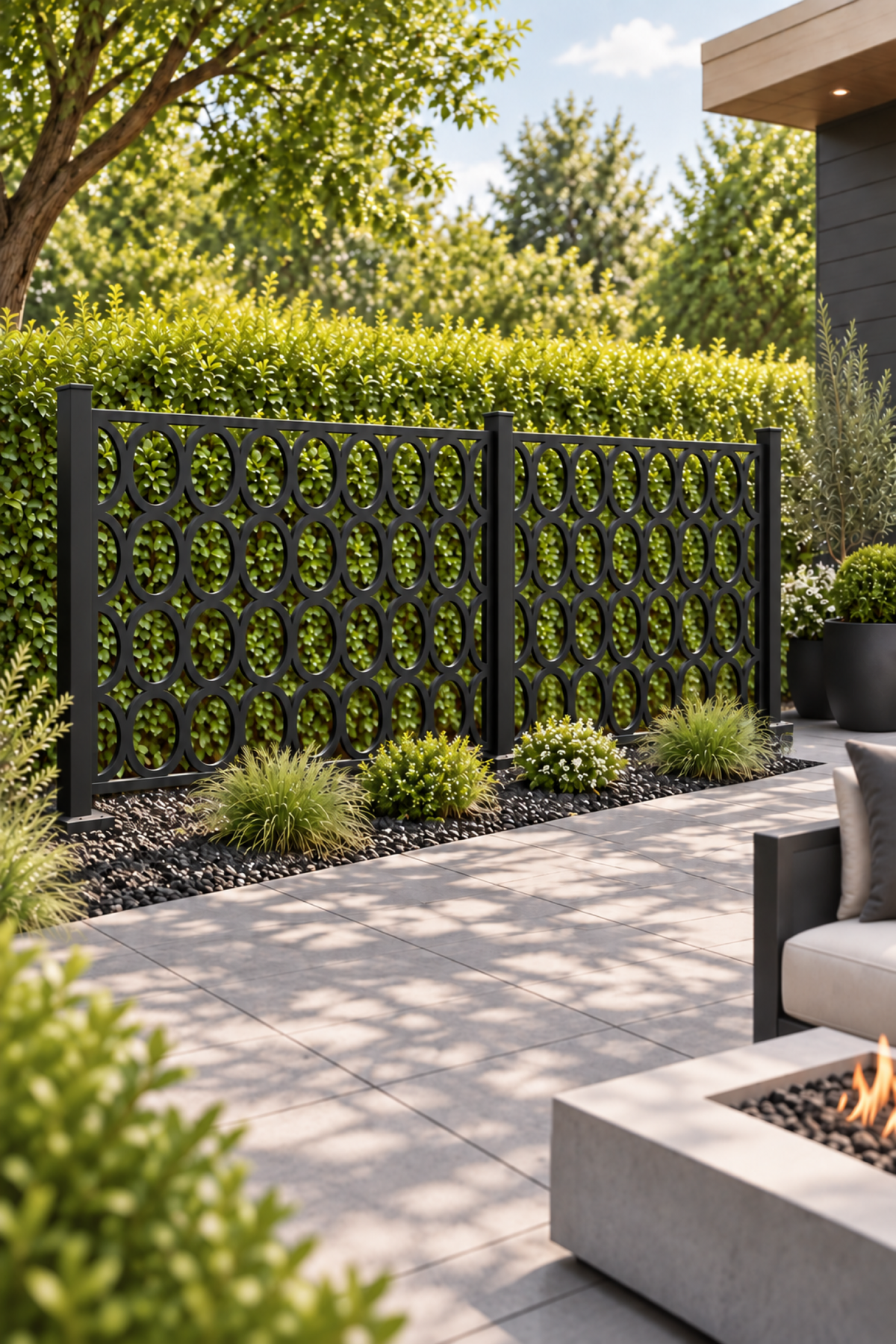 Design 281 Oval Chain Grid Laser Cut Metal Privacy Screen Panel oblique angle view